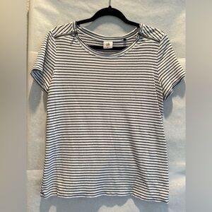 CAbi Black and White Striped Short Sleeve Top w/Zipper Details